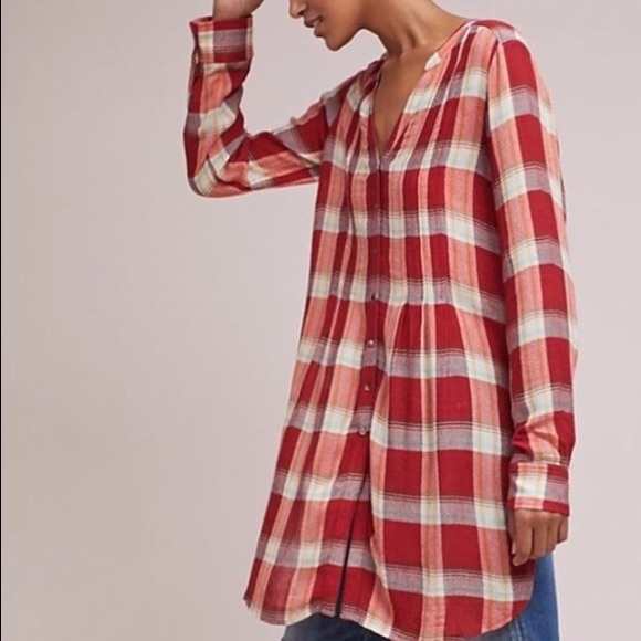 Anthro Akemi + Kin Red Plaid Long Sleeve Shirt Dress Small - Picture 8 of 8